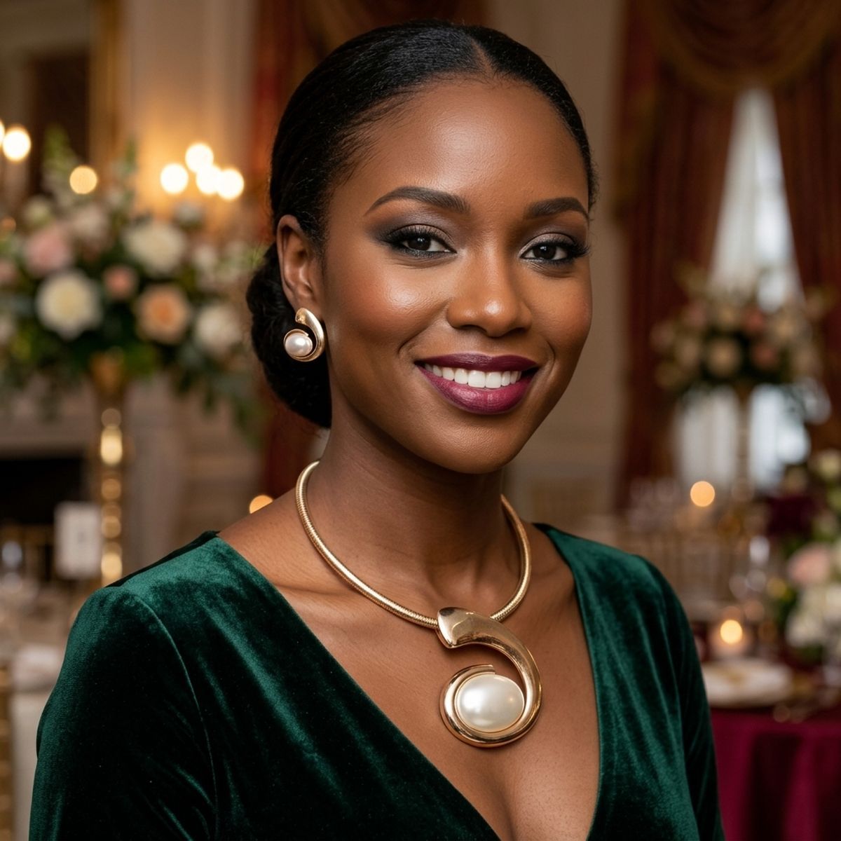Gold Sculpted Pearl Swirl Pendant Collar Necklace