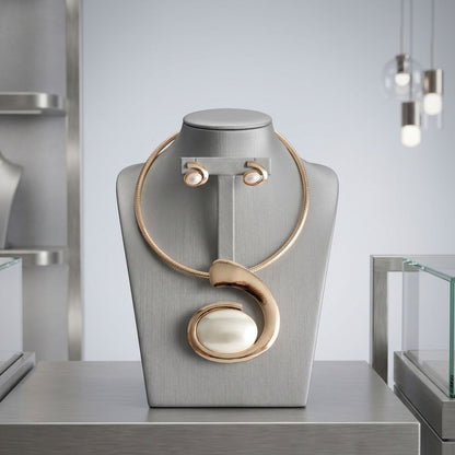 Gold Sculpted Pearl Swirl Pendant Collar Necklace