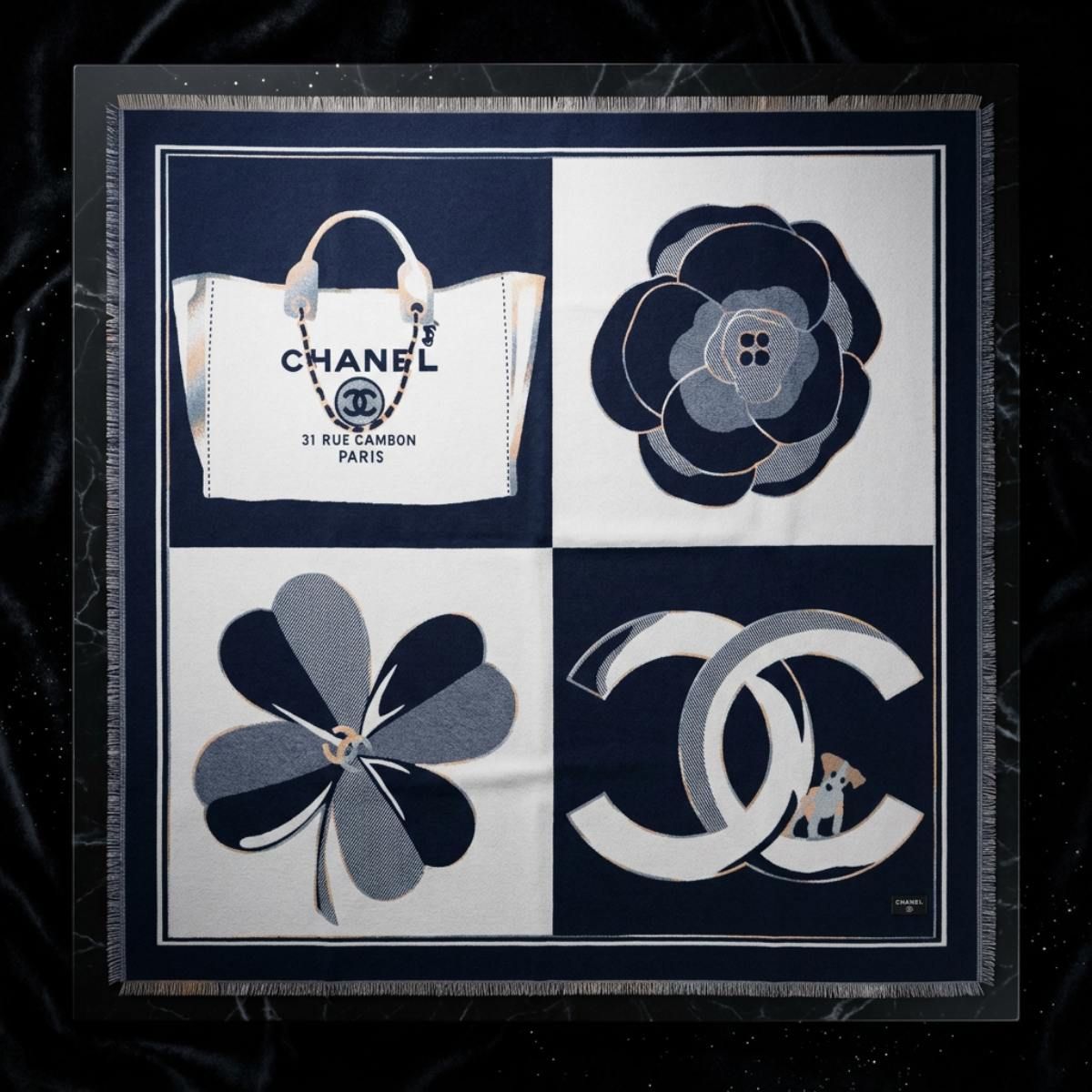 Faux Cashmere Navy Beige Motif Shawl Square Scarf