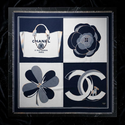 Faux Cashmere Navy Beige Motif Shawl Square Scarf