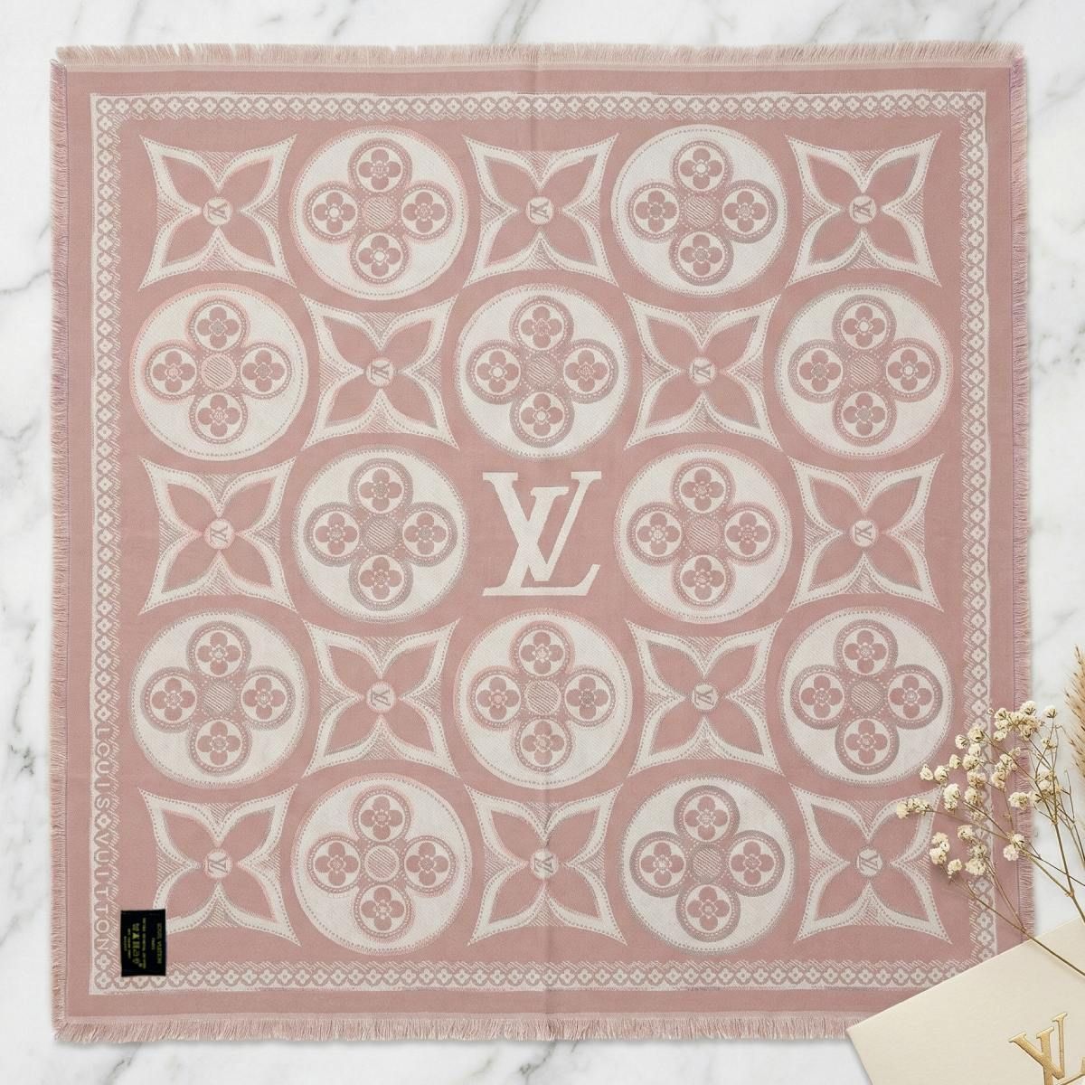 Faux Cashmere Pink Beige Motif Shawl Square Scarf