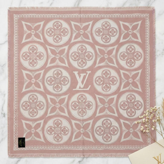 Faux Cashmere Pink Beige Motif Shawl Square Scarf