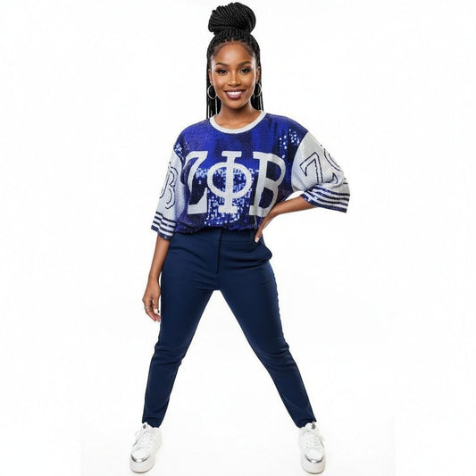 ZPB Sorority Blue and White Sequin Jersey Shirt