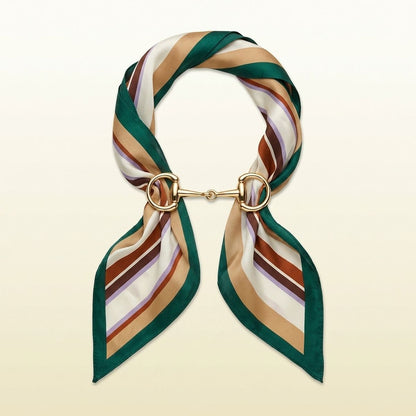 Horsebit Deep Green Striped Silky Scarf Necklace