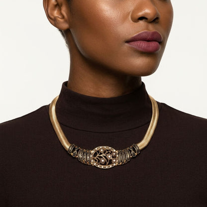 Antique Gold Black Floral Herringbone Necklace