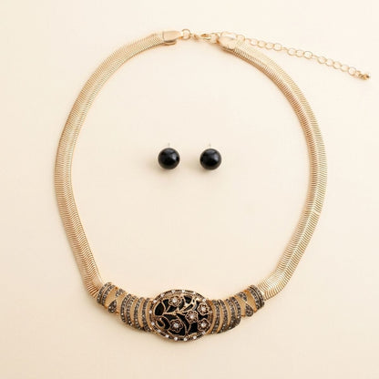Antique Gold Black Floral Herringbone Necklace