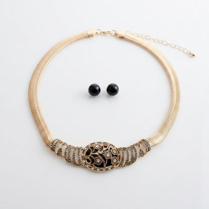 Antique Gold Black Floral Herringbone Necklace