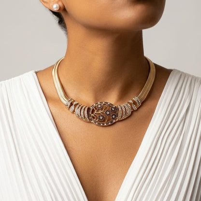 Antique Gold Pearl Floral Herringbone Necklace