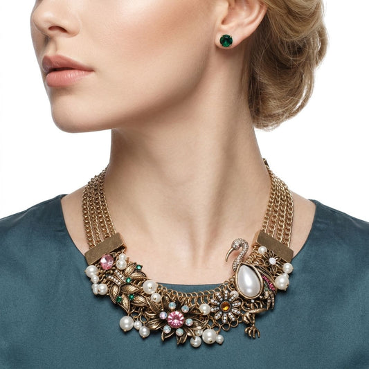 Opulent Gold Pink Flamingo Statement Necklace