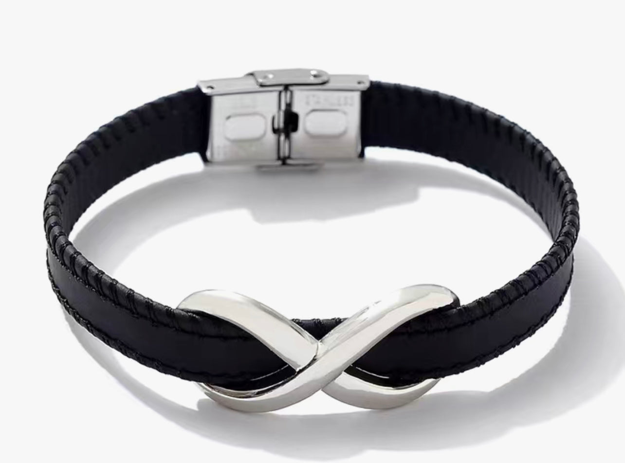 Men’s Black Leather Metal Infinity Stainless Steel Bracelet
