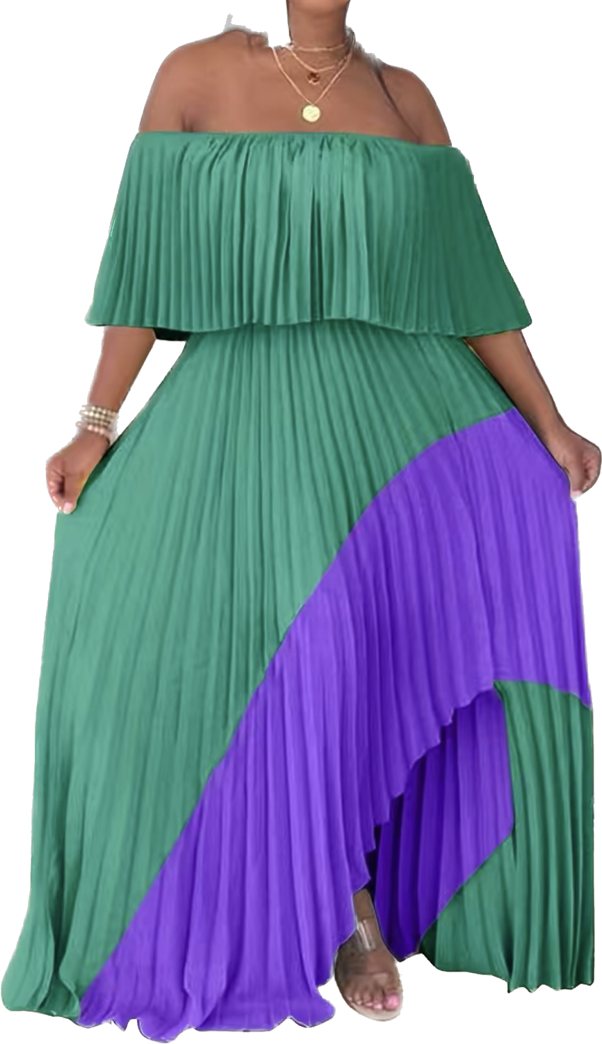 “Prissy” Green/Purple Pleated Off Shoulder Maxi Dress